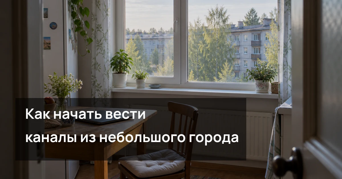 Домашнее рабочее место у окна в небольшом городе для ведения каналов