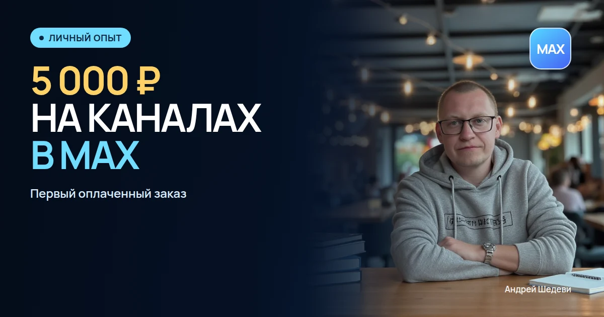 Андрей Шедеви в кафе и надпись «5 000 ₽ на каналах в MAX»