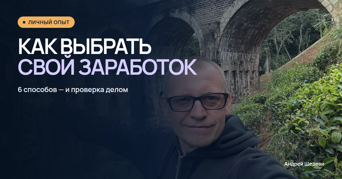 Андрей Шедеви у моста и надпись «Как выбрать свой заработок»