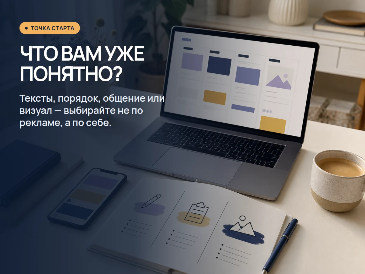 Рабочее место с ноутбуком, смартфоном и тремя понятными направлениями работы